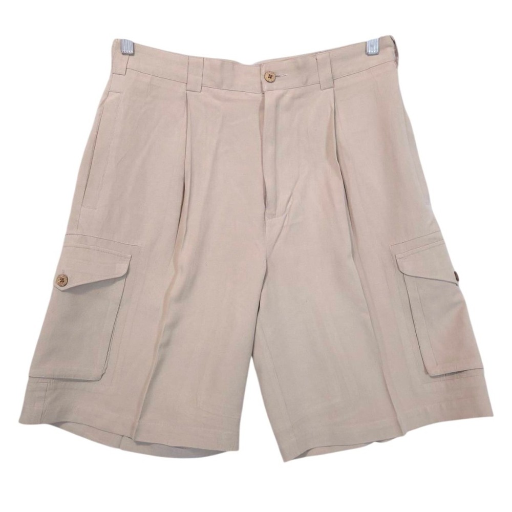 Vtg Paradise Coves 100% Silk Cargo Shorts Mens 32 Tan Pleated Resort Luxury